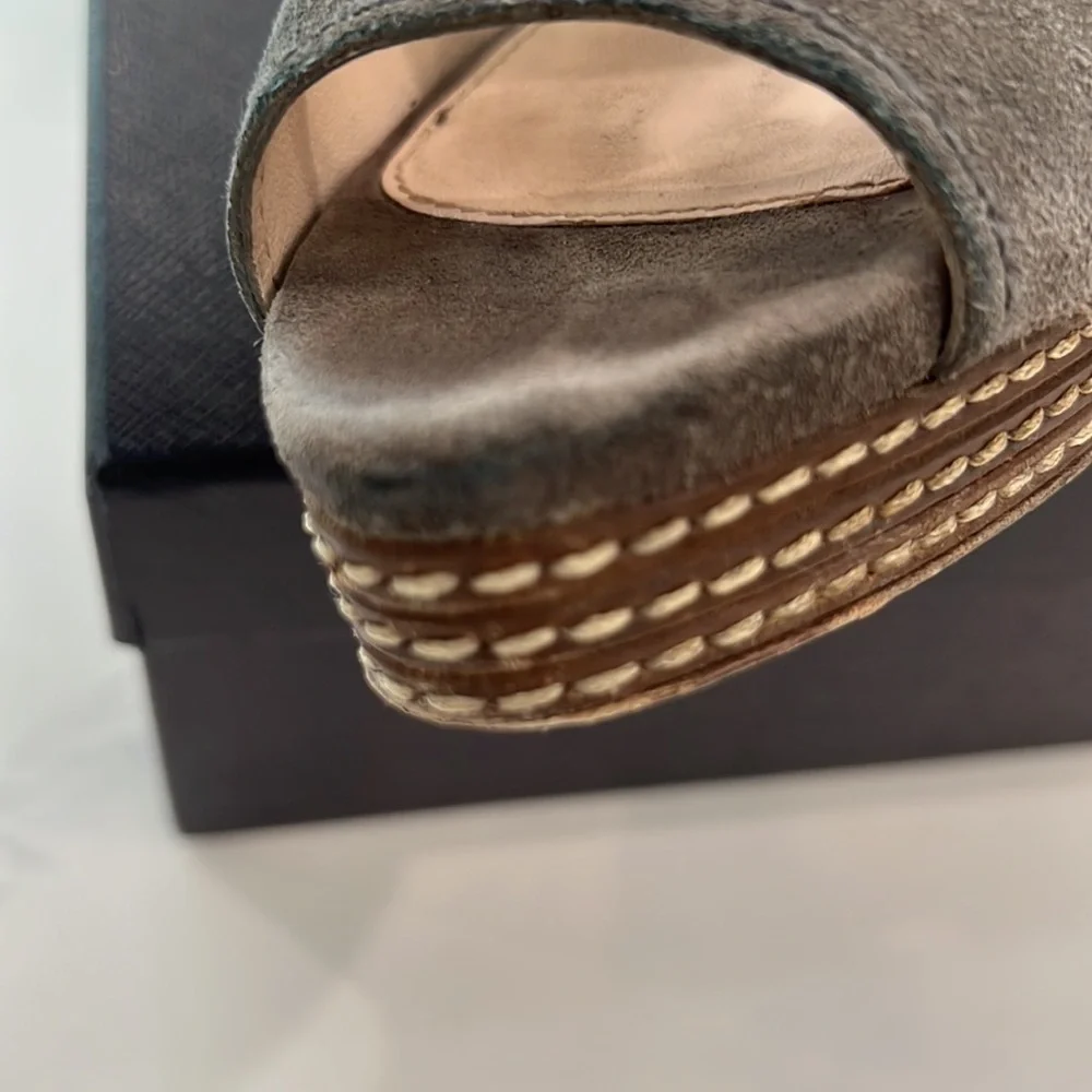 PRADA CALCUTURA GREY SUEDE PLATFORM SLINGBACK SIZE EU 37.5 US 7